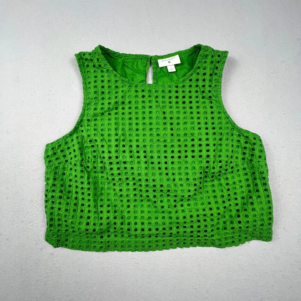 Kate Spade Eyelet Crop Top Womens Large Green Cotton Sleeveless Preppy Summer‎